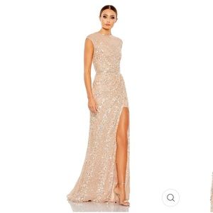 NWT MacDuggal 5619 Embellished Illusion High Neck Cap Sleeve Gown. Nude Size 16